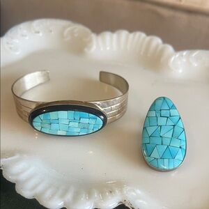 Turquoise Mosaic Inlay Cuff Bracelet and pendant sterling silver